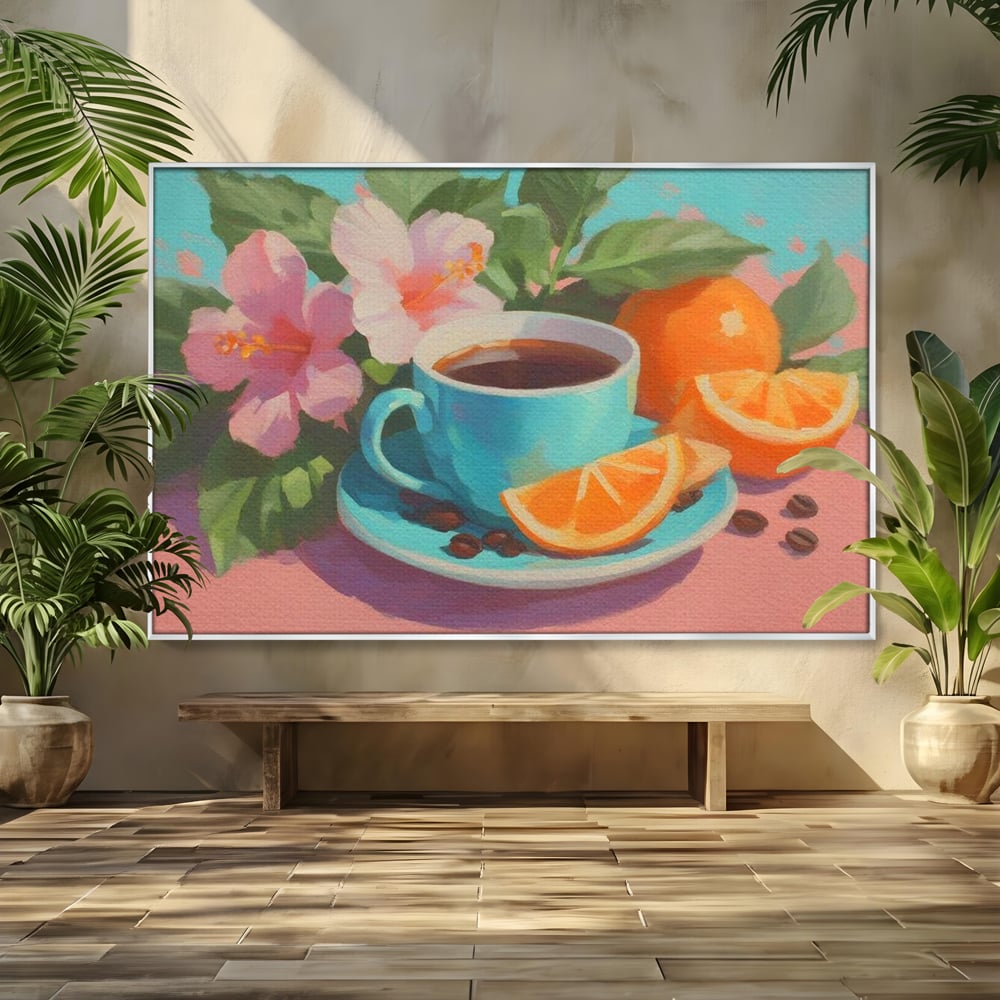 Tablou canvas cu pictura cu ceasca de cafea si portocale, in rama de aluminiu argintiu